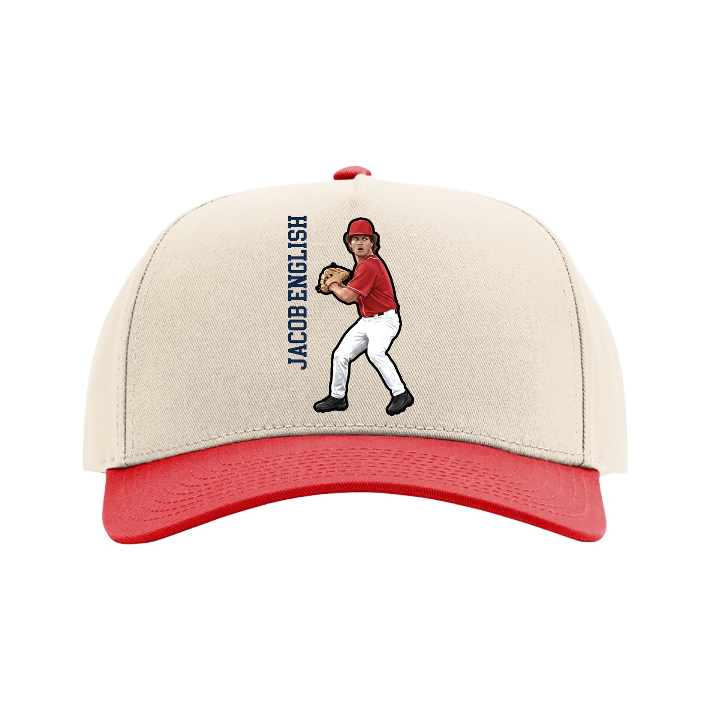 Full Fabric Five-Panel Champ Cap — Name Vertical in Cream/Red