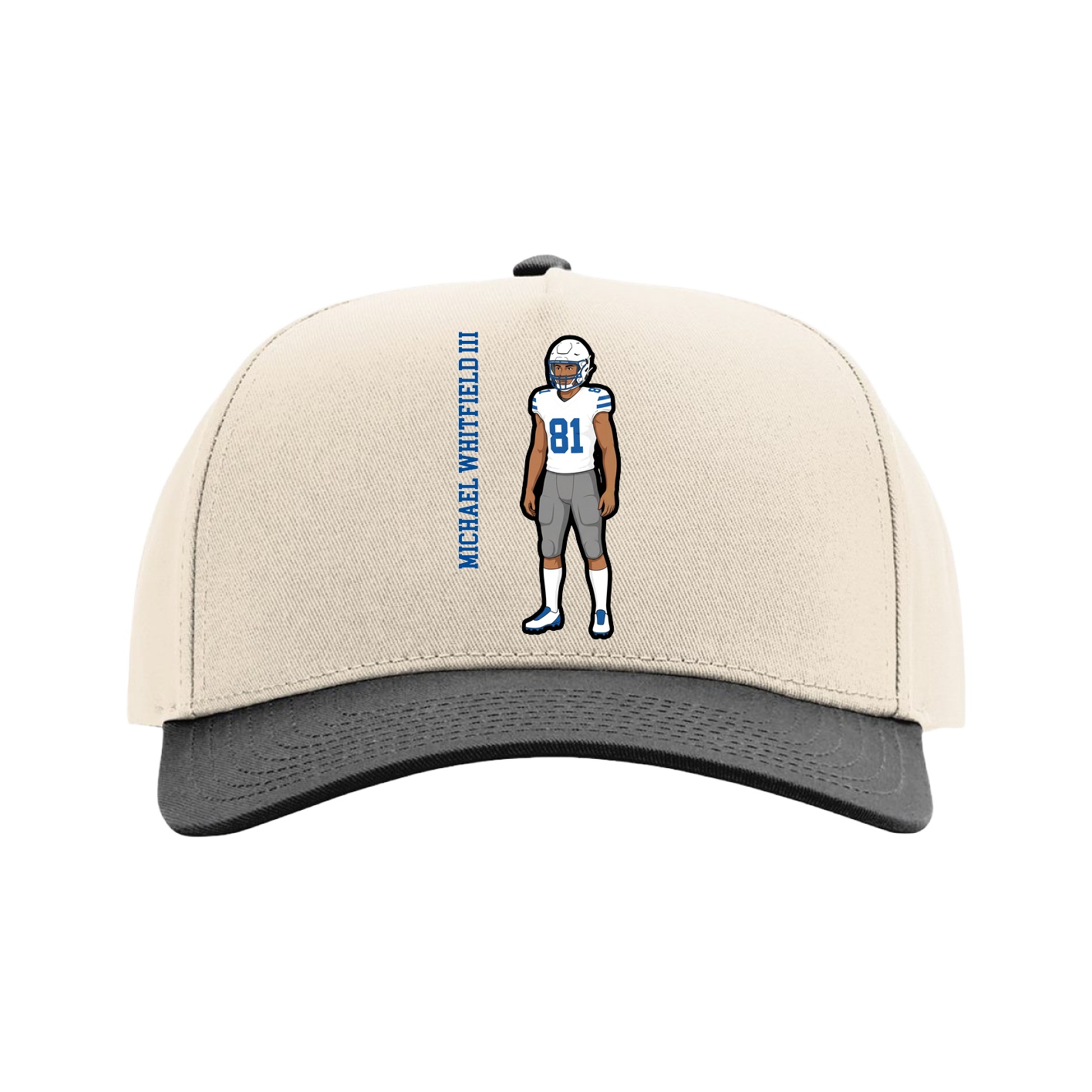Full Fabric Five-Panel Champ Cap — Name Vertical in Cream/Black