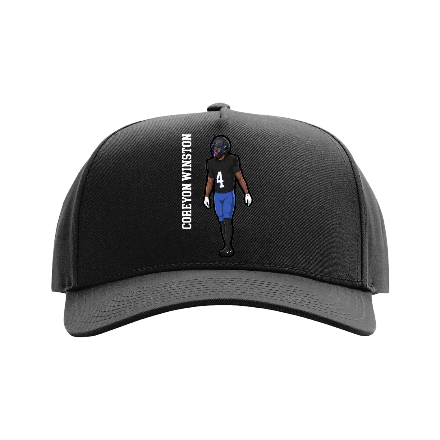 Full Fabric Five-Panel Champ Cap — Name Vertical in Black