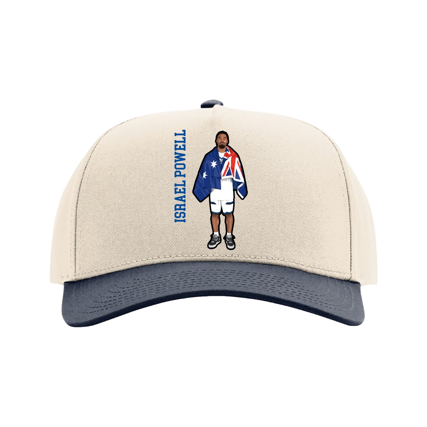 Full Fabric Five-Panel Champ Cap — Name Vertical in Cream/Navy
