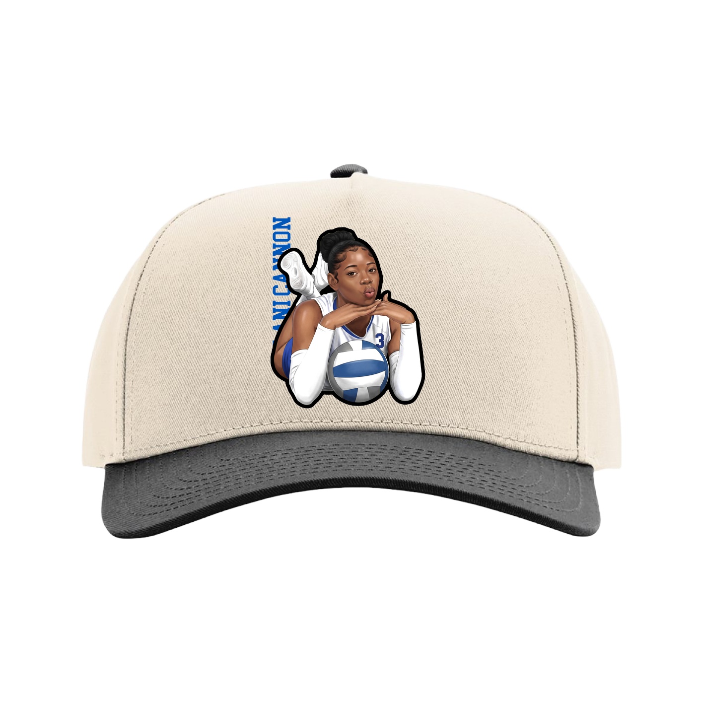 Full Fabric Five-Panel Champ Cap — Name Vertical in Cream/Black