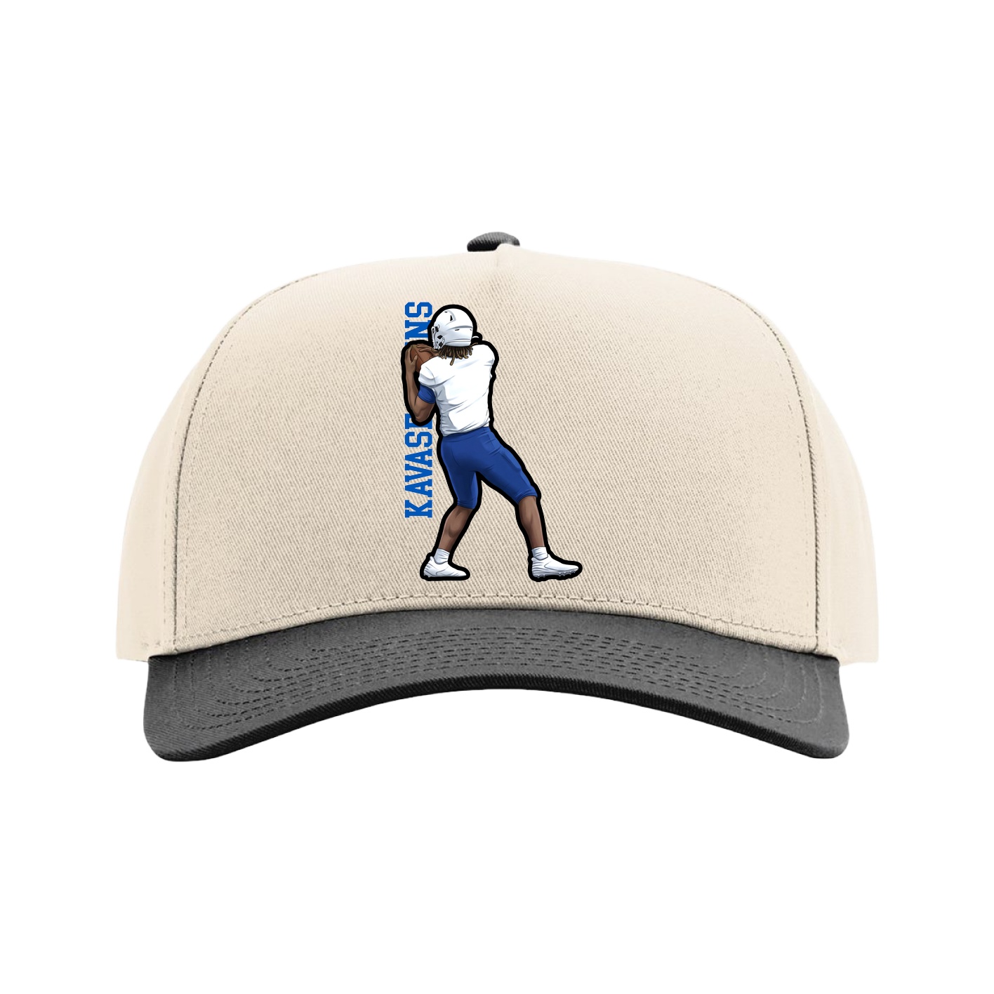Full Fabric Five-Panel Champ Cap — Name Vertical in Cream/Black