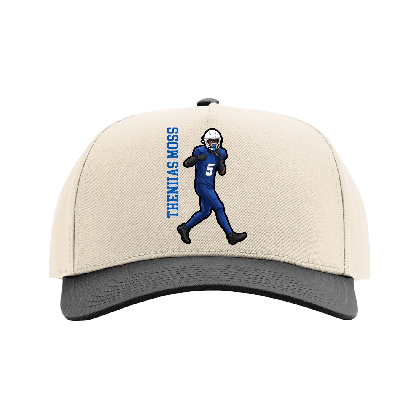 Full Fabric Five-Panel Champ Cap — Name Vertical in Cream/Black