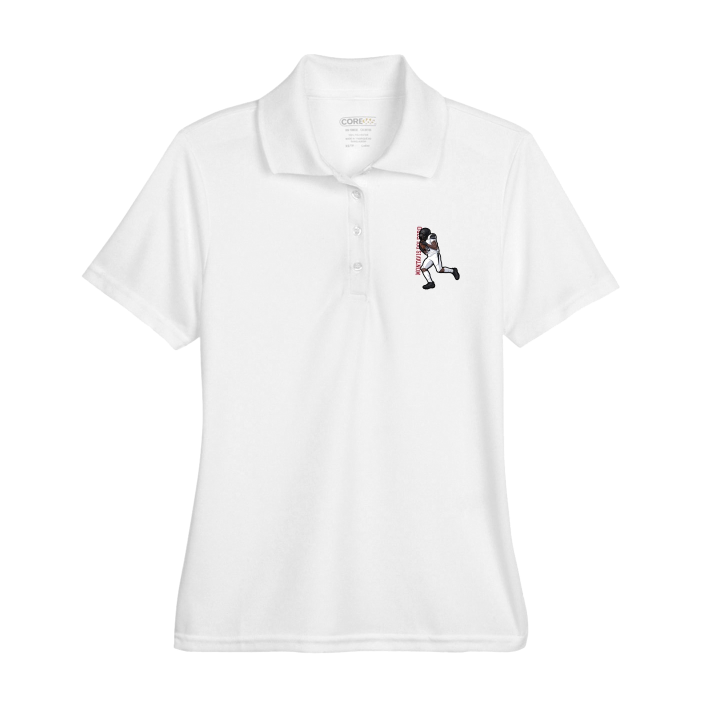 Womens Performance Polo — Name Vertical in White