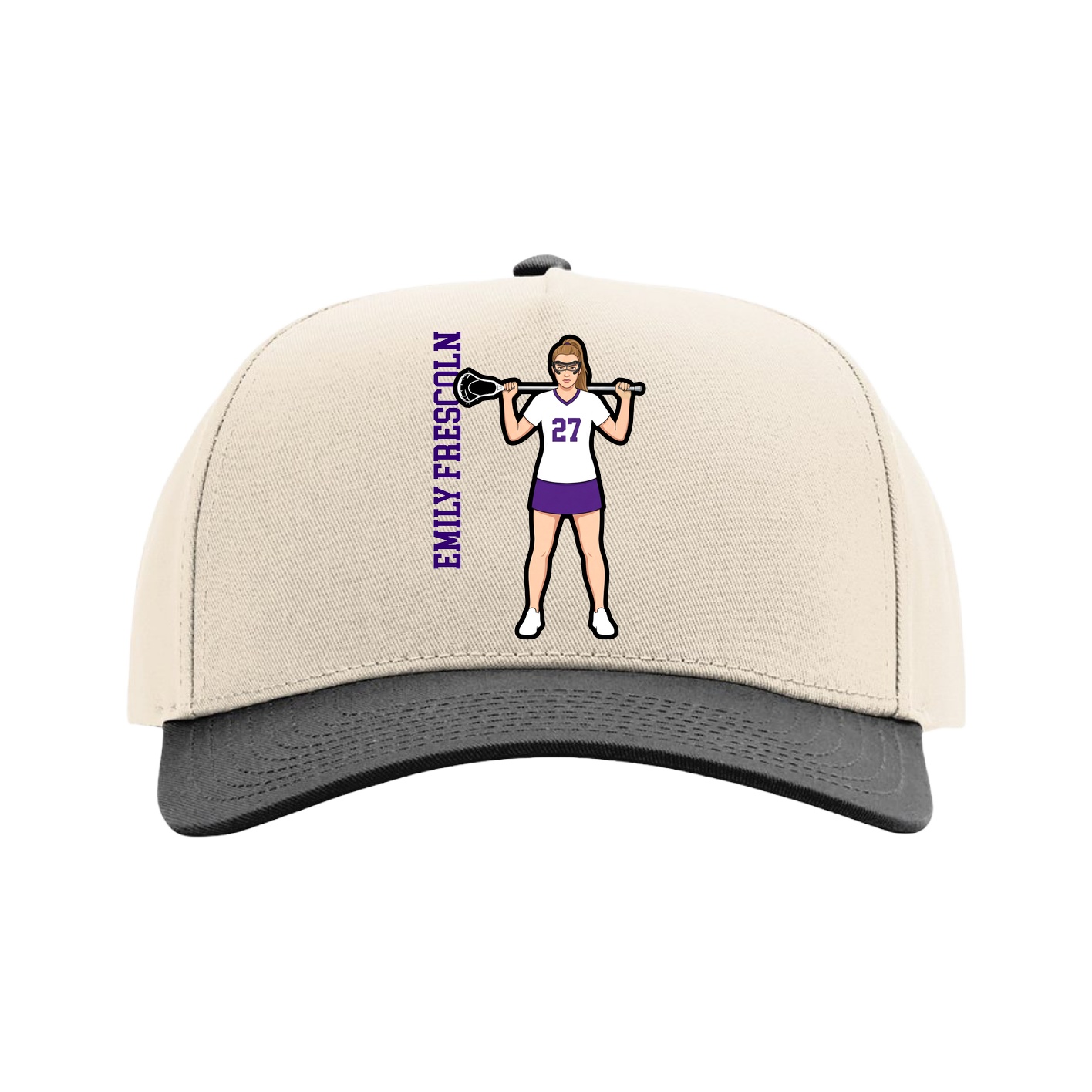 Full Fabric Five-Panel Champ Cap — Name Vertical in Cream/Black