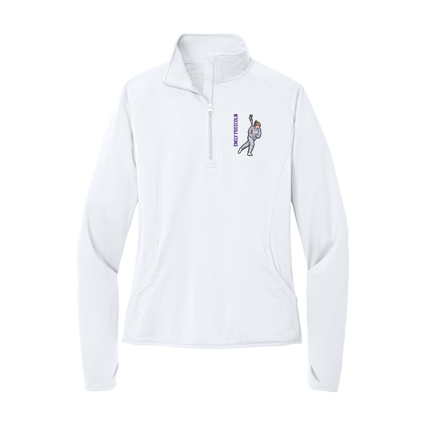 Women's Q-Zip Pullover — Name Vertical in White