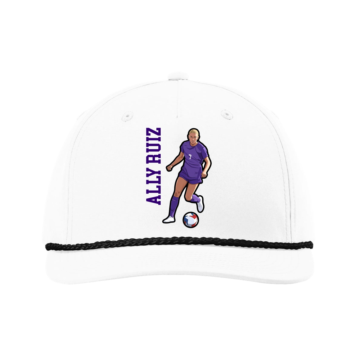 Five-Panel Classic Rope Cap — Name Vertical in White