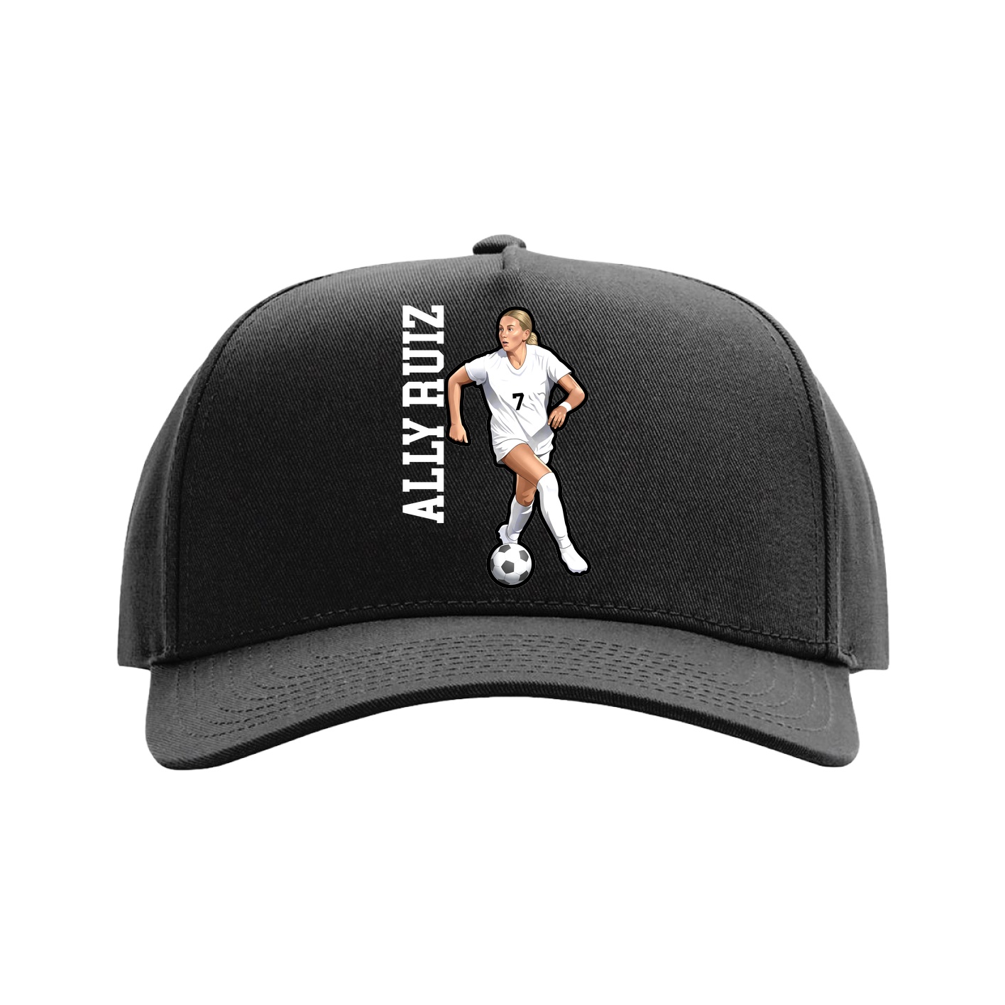Full Fabric Five-Panel Champ Cap — Name Vertical in Black