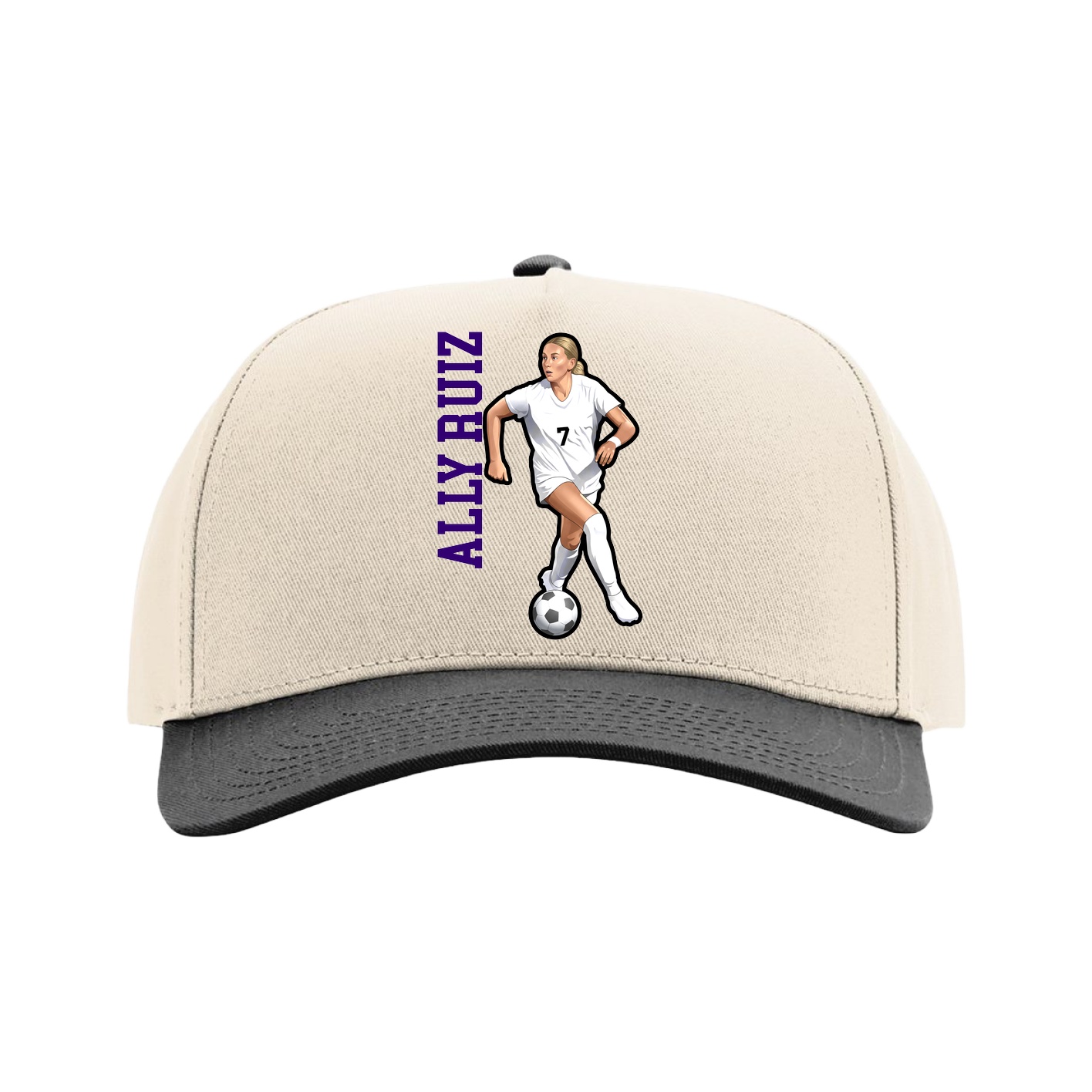 Full Fabric Five-Panel Champ Cap — Name Vertical in Cream/Black
