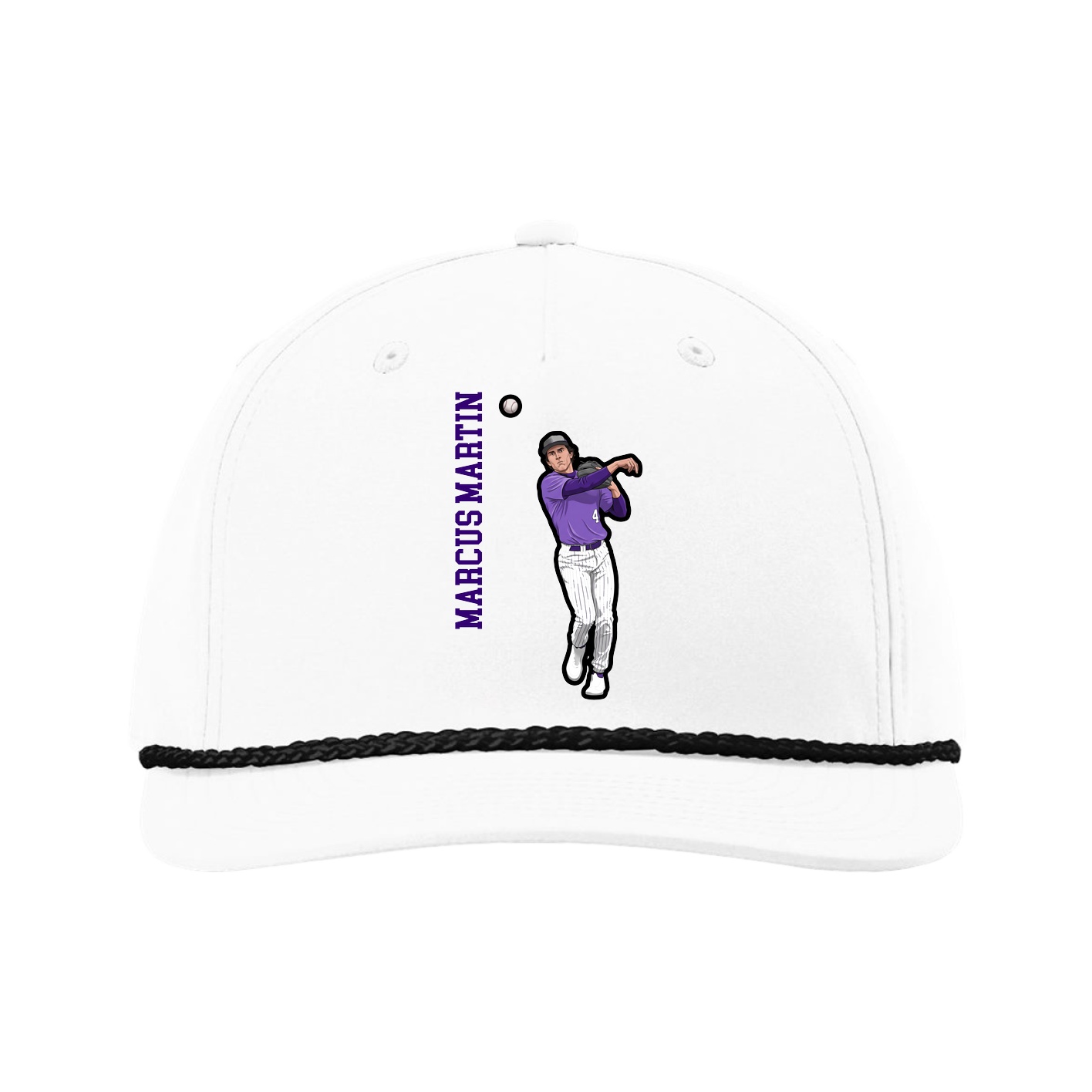 Five-Panel Classic Rope Cap — Name Vertical in White