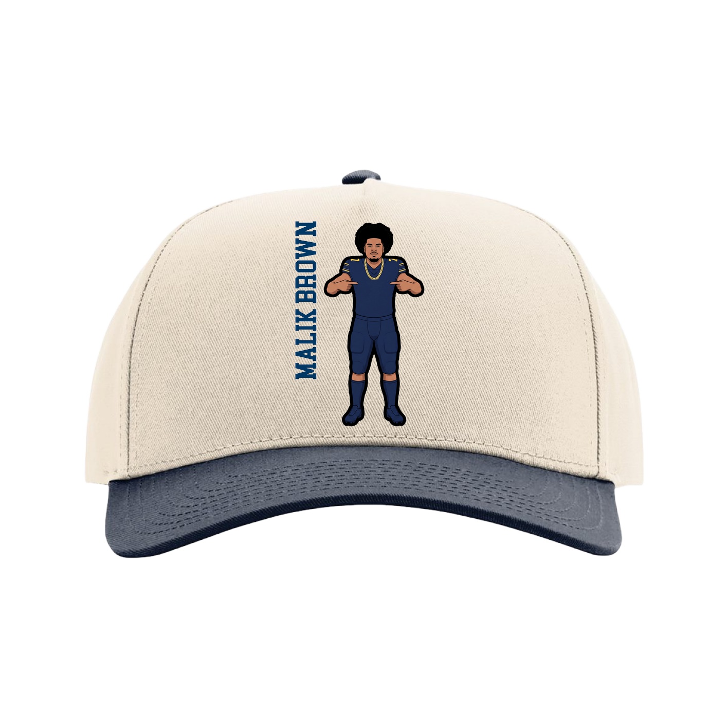 Full Fabric Five-Panel Champ Cap — Name Vertical in Cream/Navy
