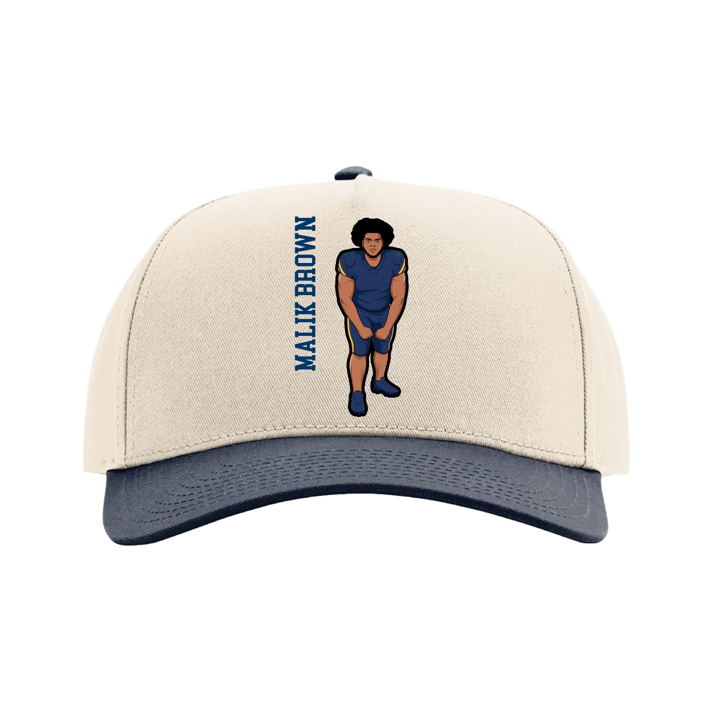 Full Fabric Five-Panel Champ Cap — Name Vertical in Cream/Navy