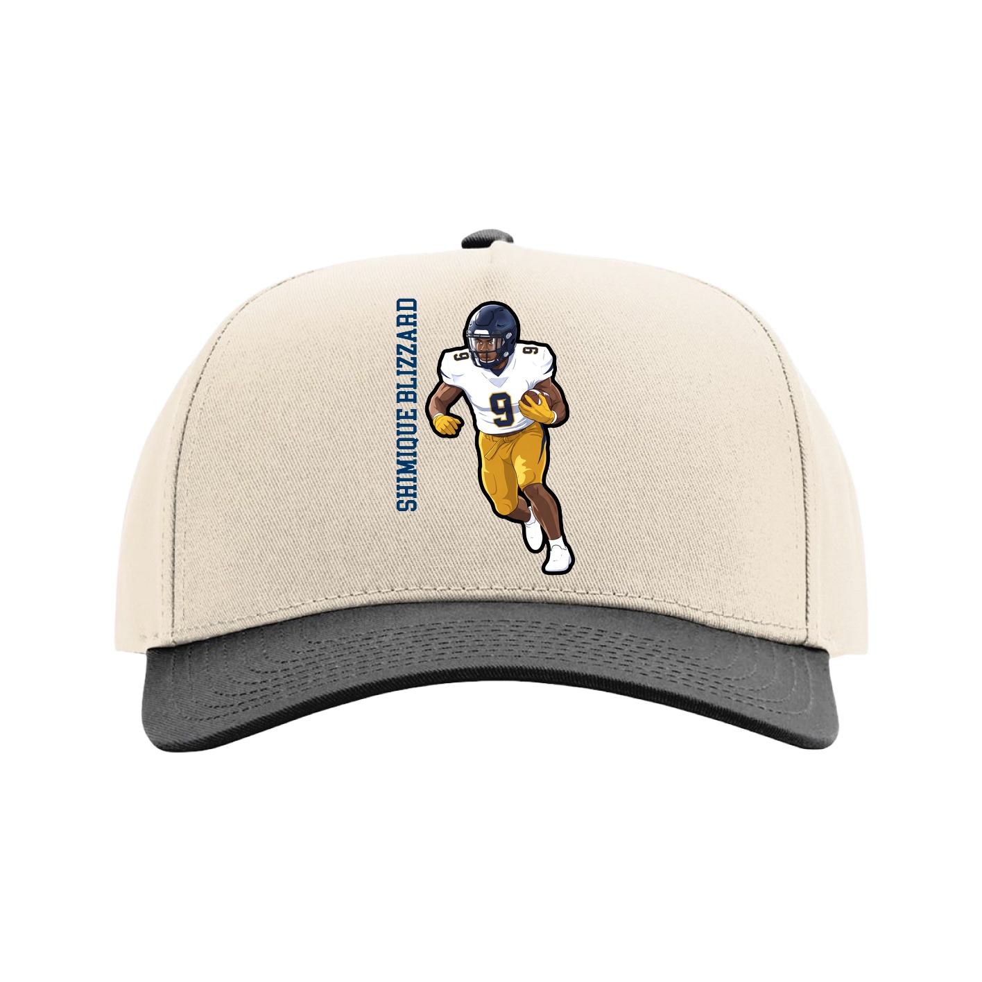 Full Fabric Five-Panel Champ Cap — Name Vertical in Cream/Black