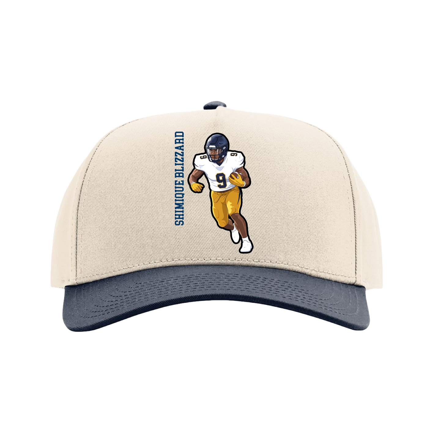 Full Fabric Five-Panel Champ Cap — Name Vertical in Cream/Navy