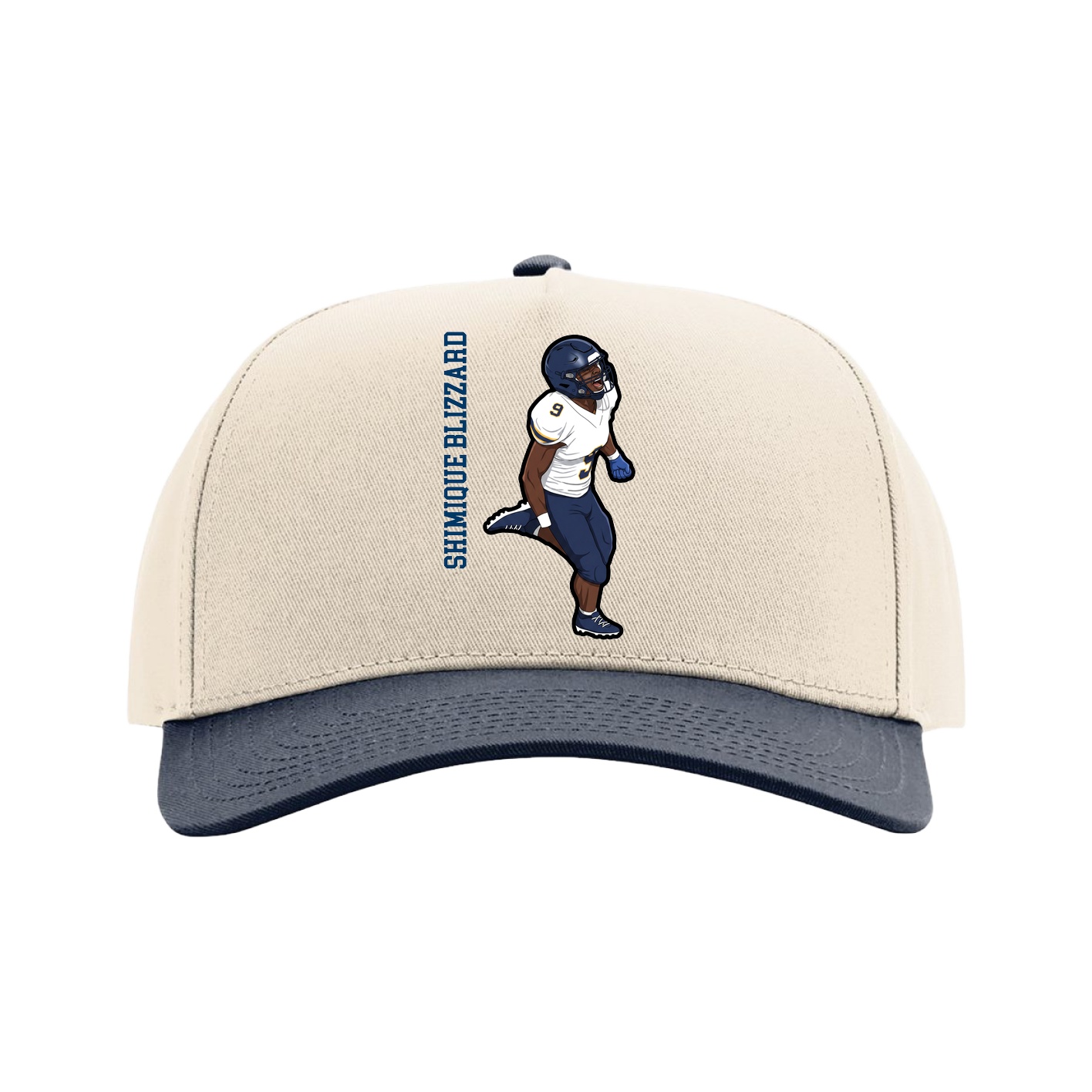 Full Fabric Five-Panel Champ Cap — Name Vertical in Cream/Navy