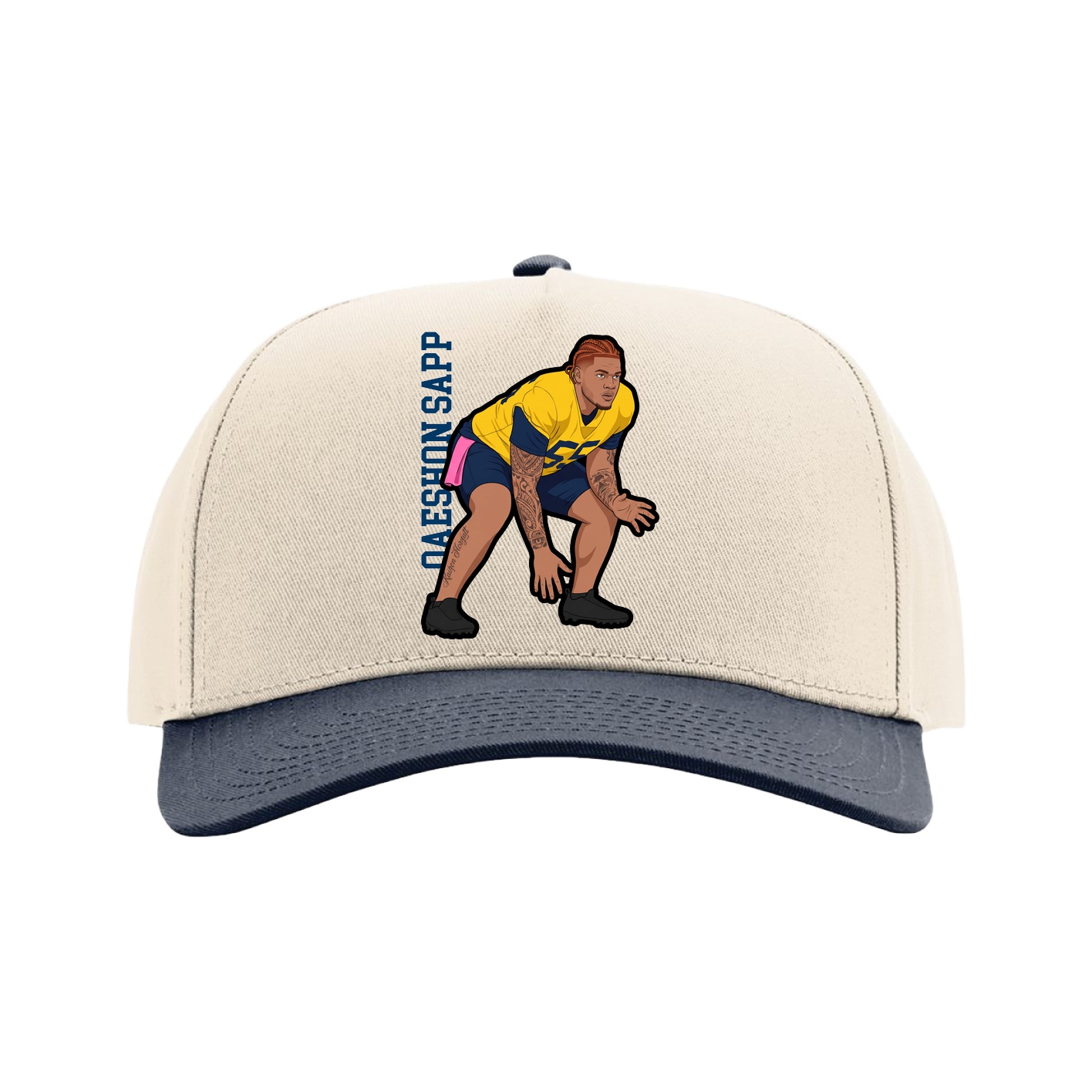 Full Fabric Five-Panel Champ Cap — Name Vertical in Cream/Navy