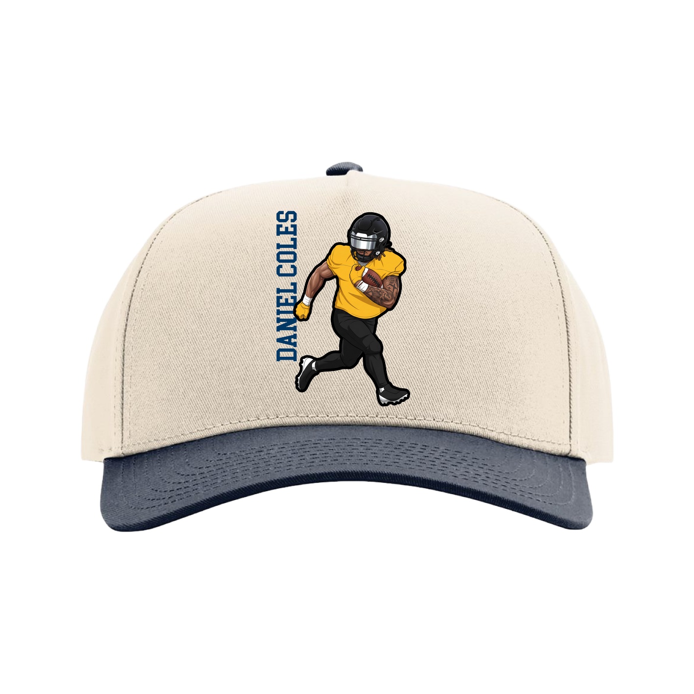 Full Fabric Five-Panel Champ Cap — Name Vertical in Cream/Navy