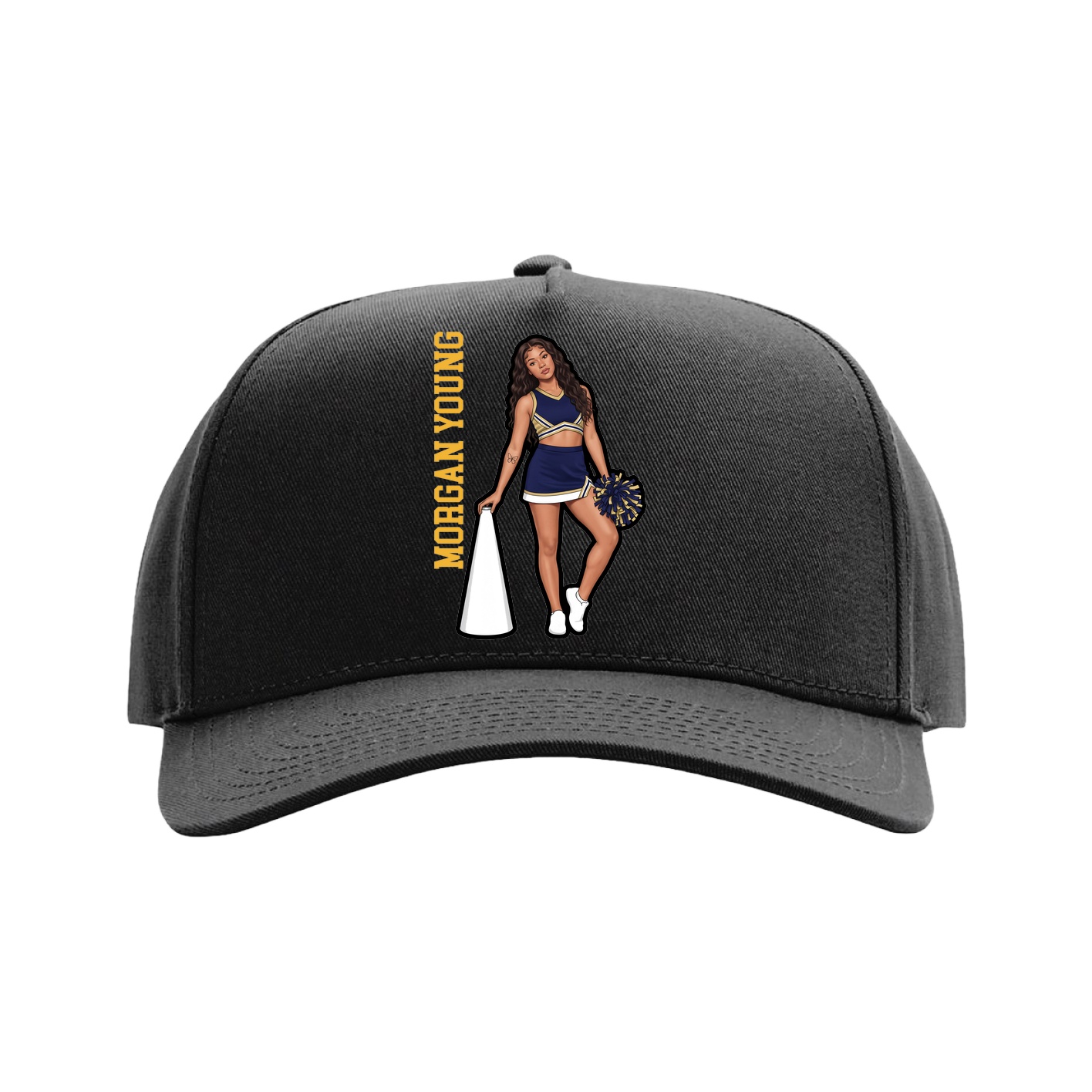 Full Fabric Five-Panel Champ Cap — Name Vertical in Black