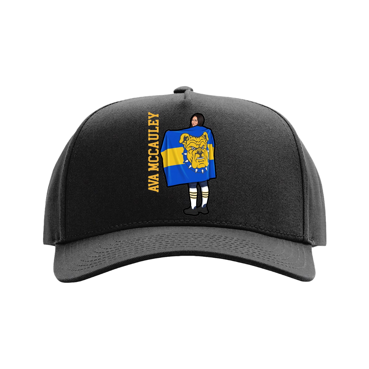 Full Fabric Five-Panel Champ Cap — Name Vertical in Black