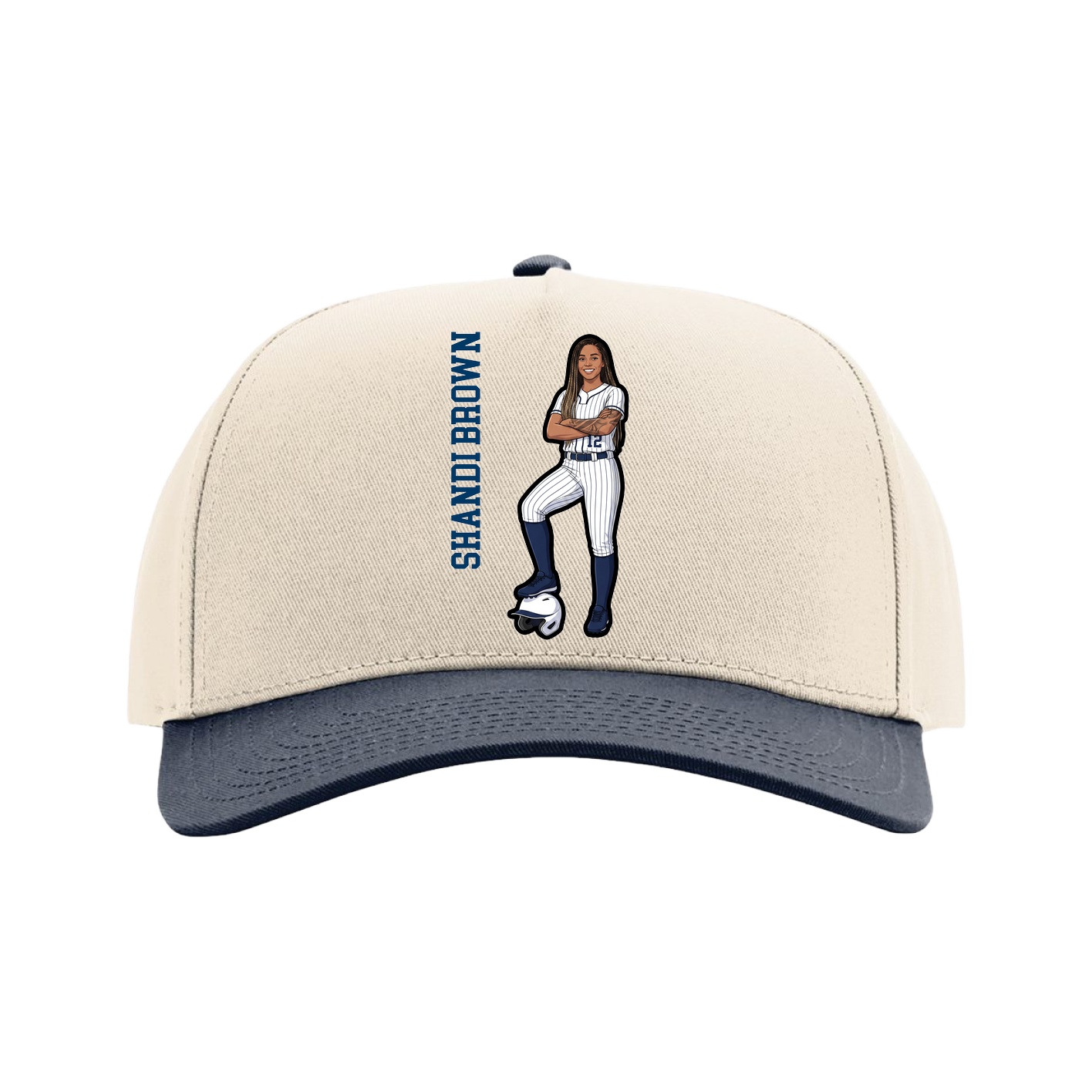 Full Fabric Five-Panel Champ Cap — Name Vertical in Cream/Navy