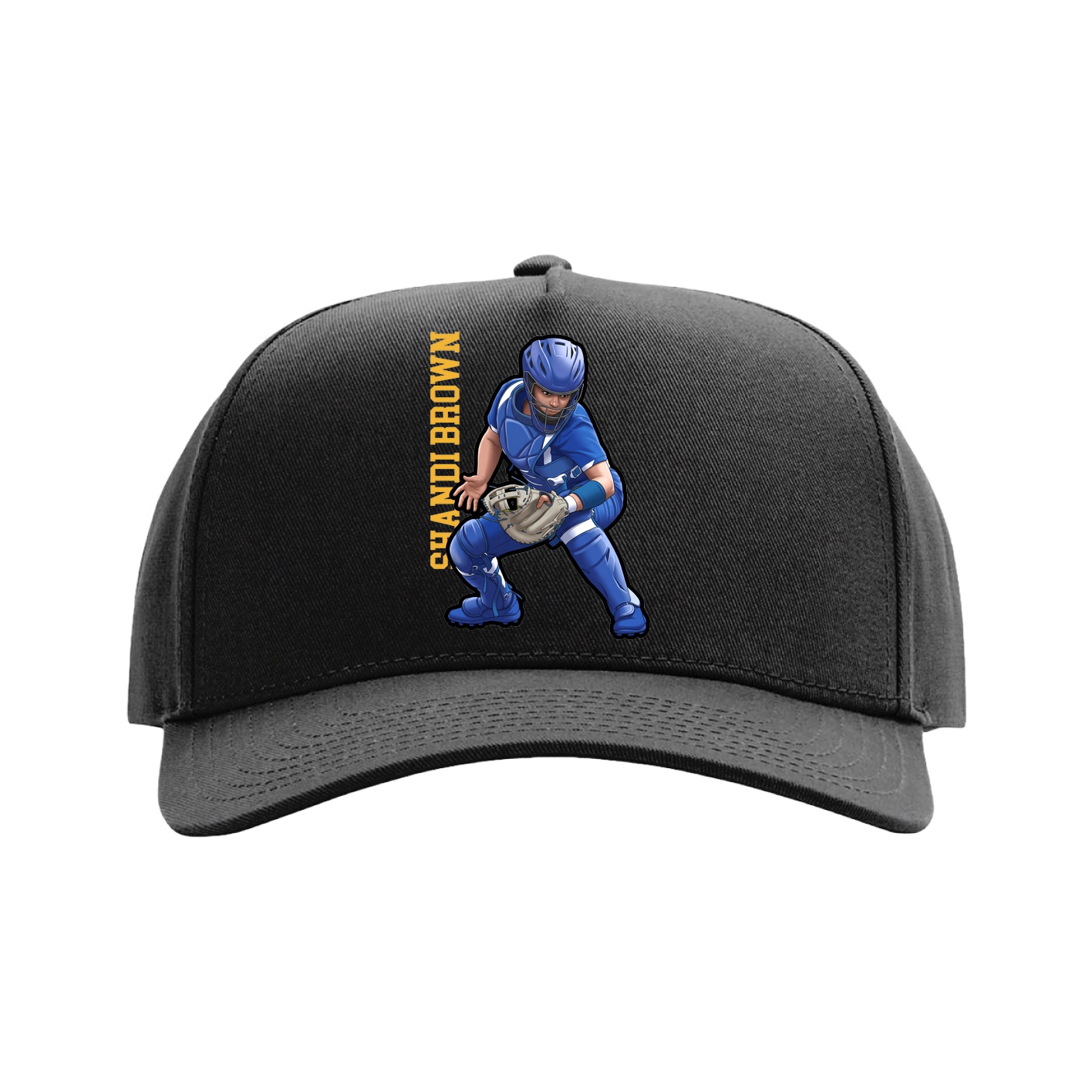 Full Fabric Five-Panel Champ Cap — Name Vertical in Black