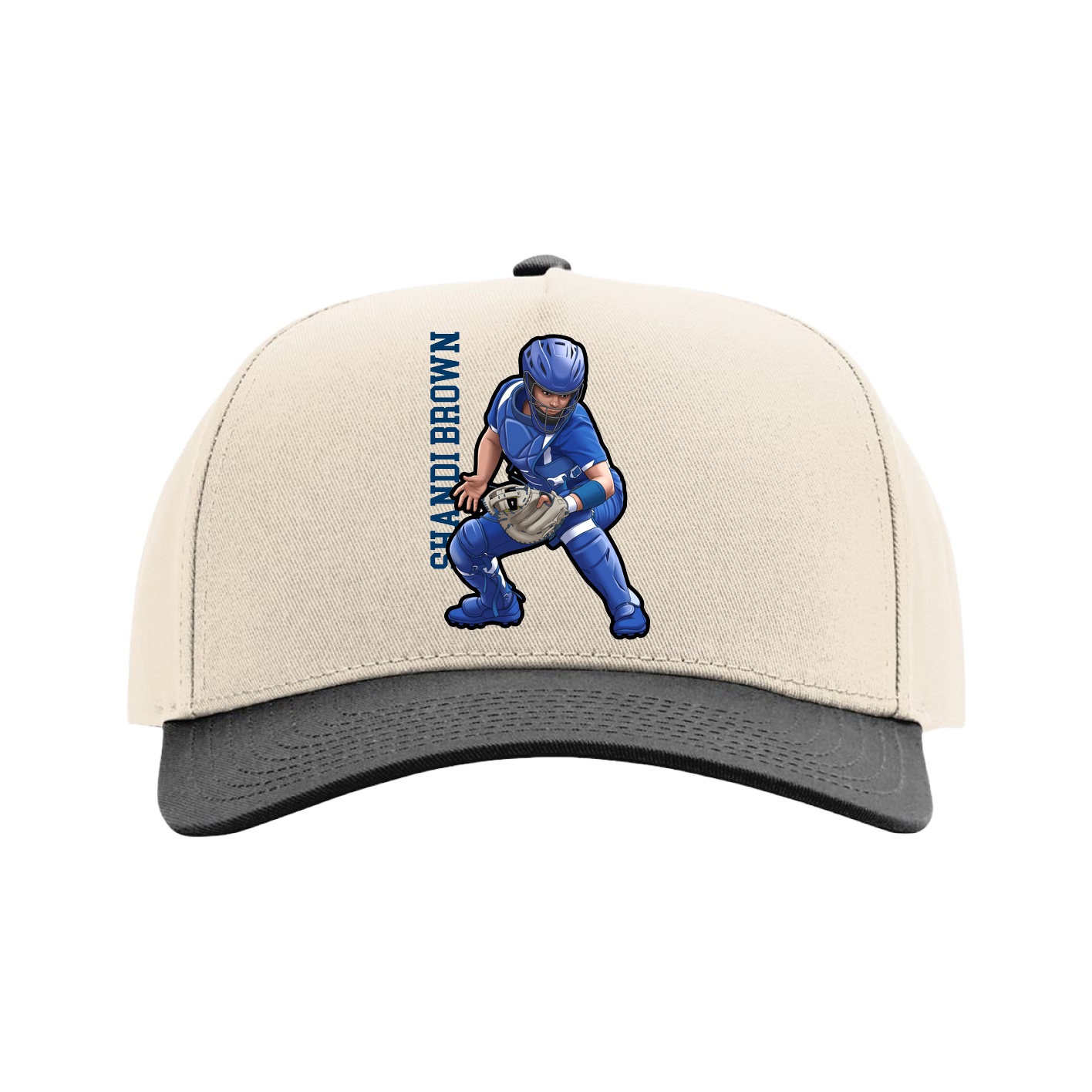 Full Fabric Five-Panel Champ Cap — Name Vertical in Cream/Black