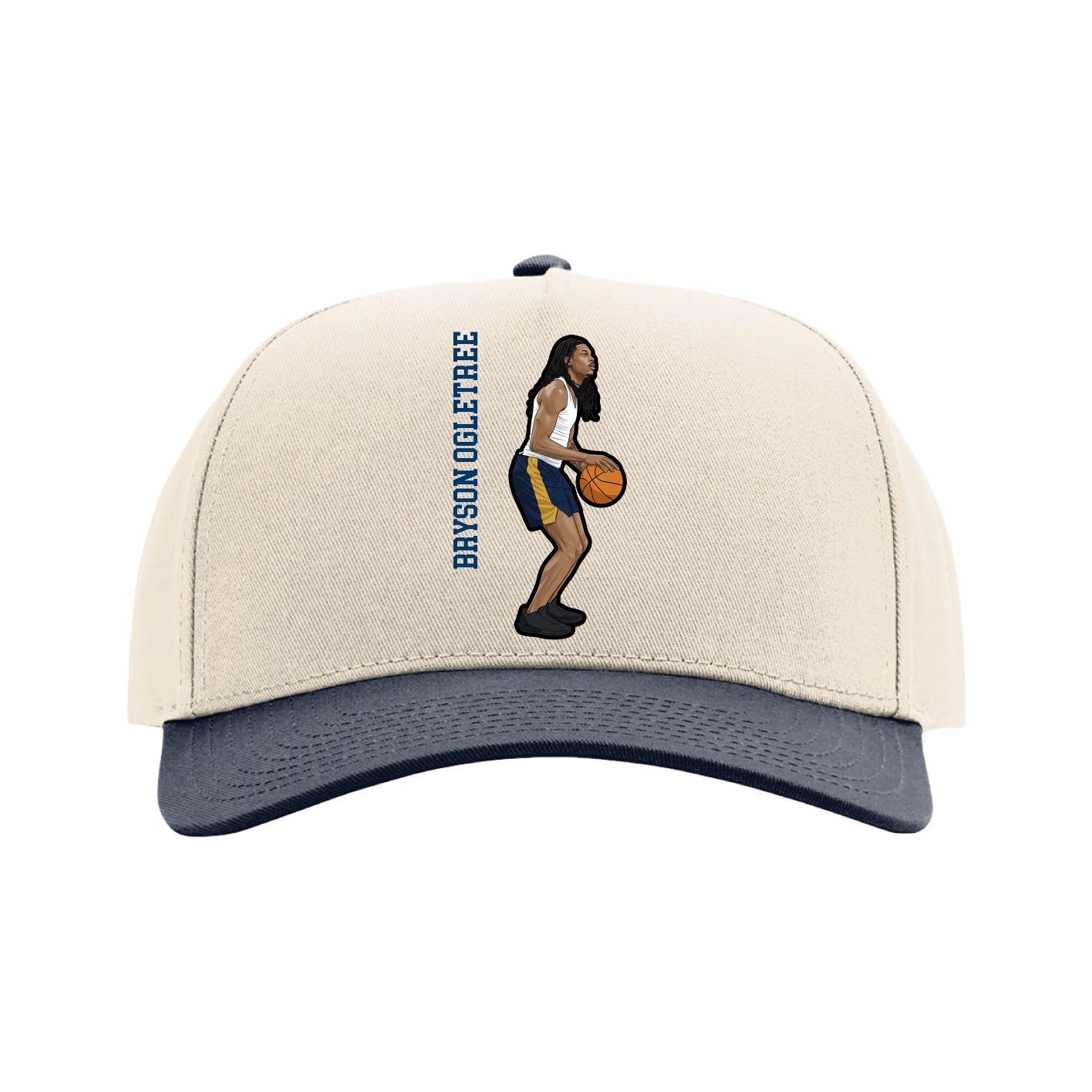 Full Fabric Five-Panel Champ Cap — Name Vertical in Cream/Navy