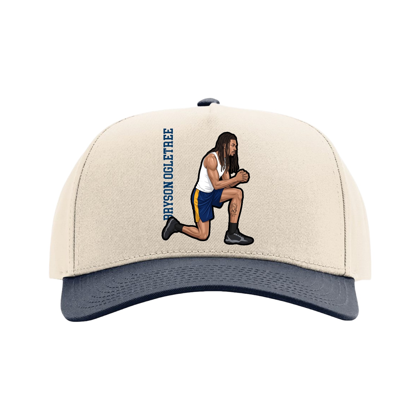 Full Fabric Five-Panel Champ Cap — Name Vertical in Cream/Navy