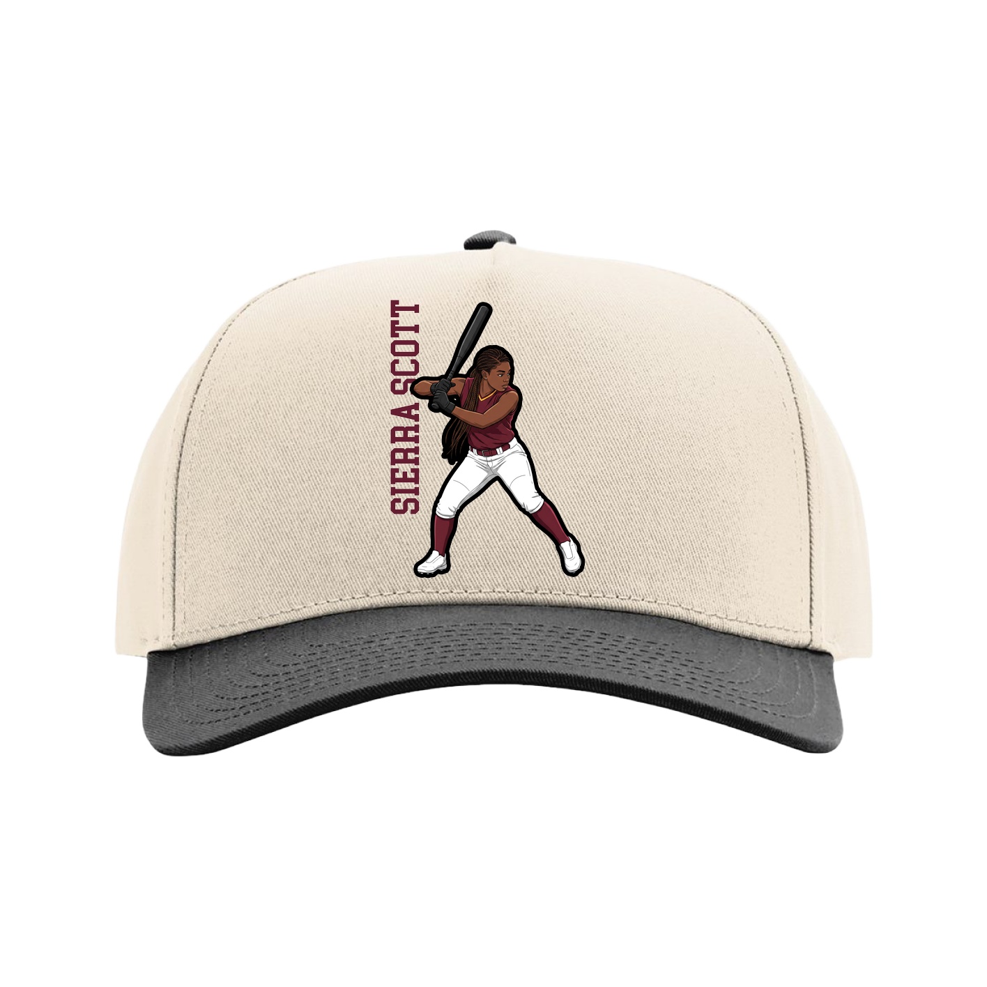 Full Fabric Five-Panel Champ Cap — Name Vertical in Cream/Black