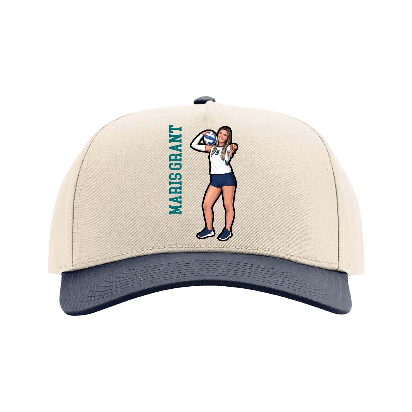 Full Fabric Five-Panel Champ Cap — Name Vertical in Cream/Navy