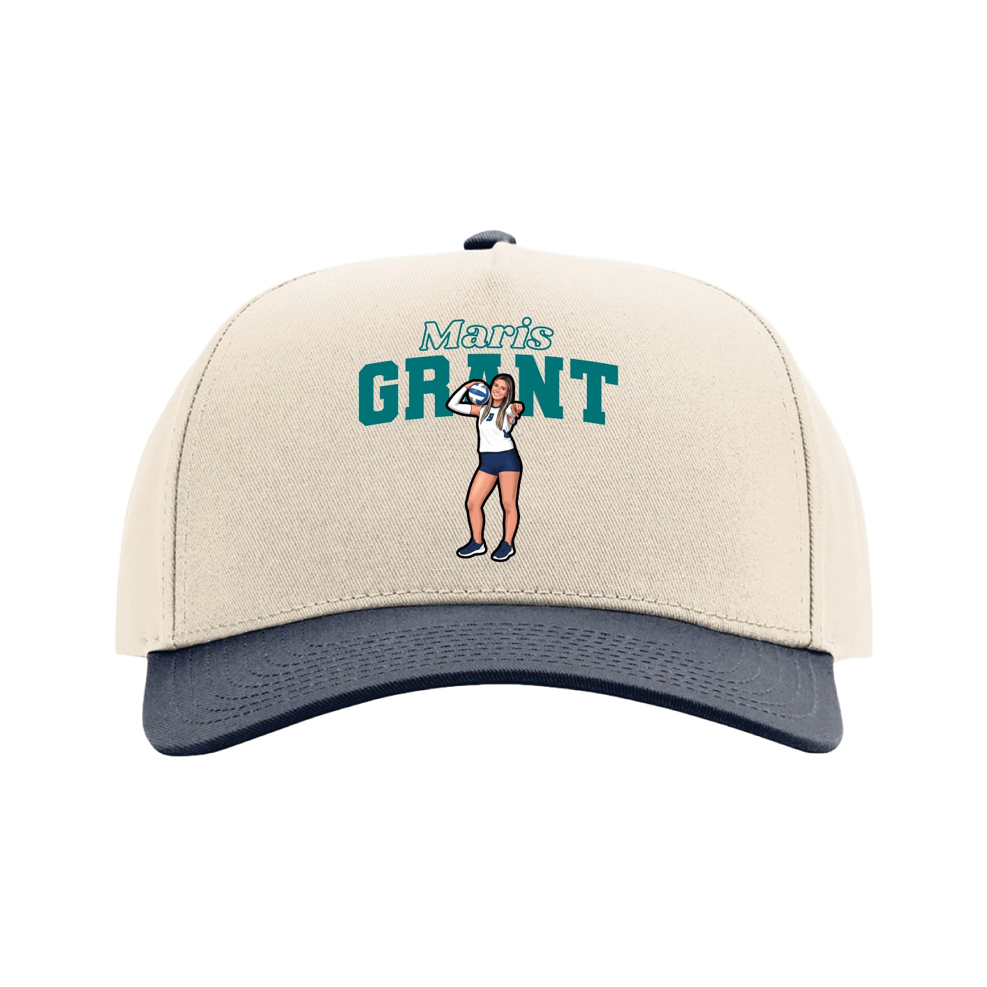 Full Fabric Five-Panel Champ Cap — Name Arch in Cream/Navy