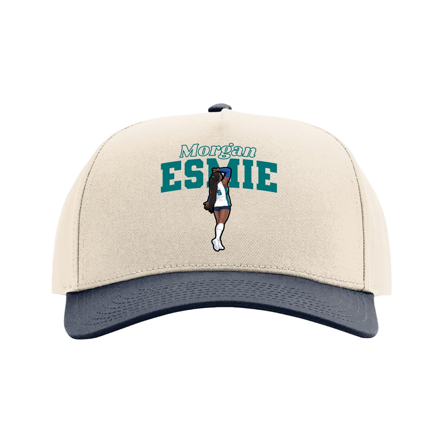 Full Fabric Five-Panel Champ Cap — Name Arch in Cream/Navy