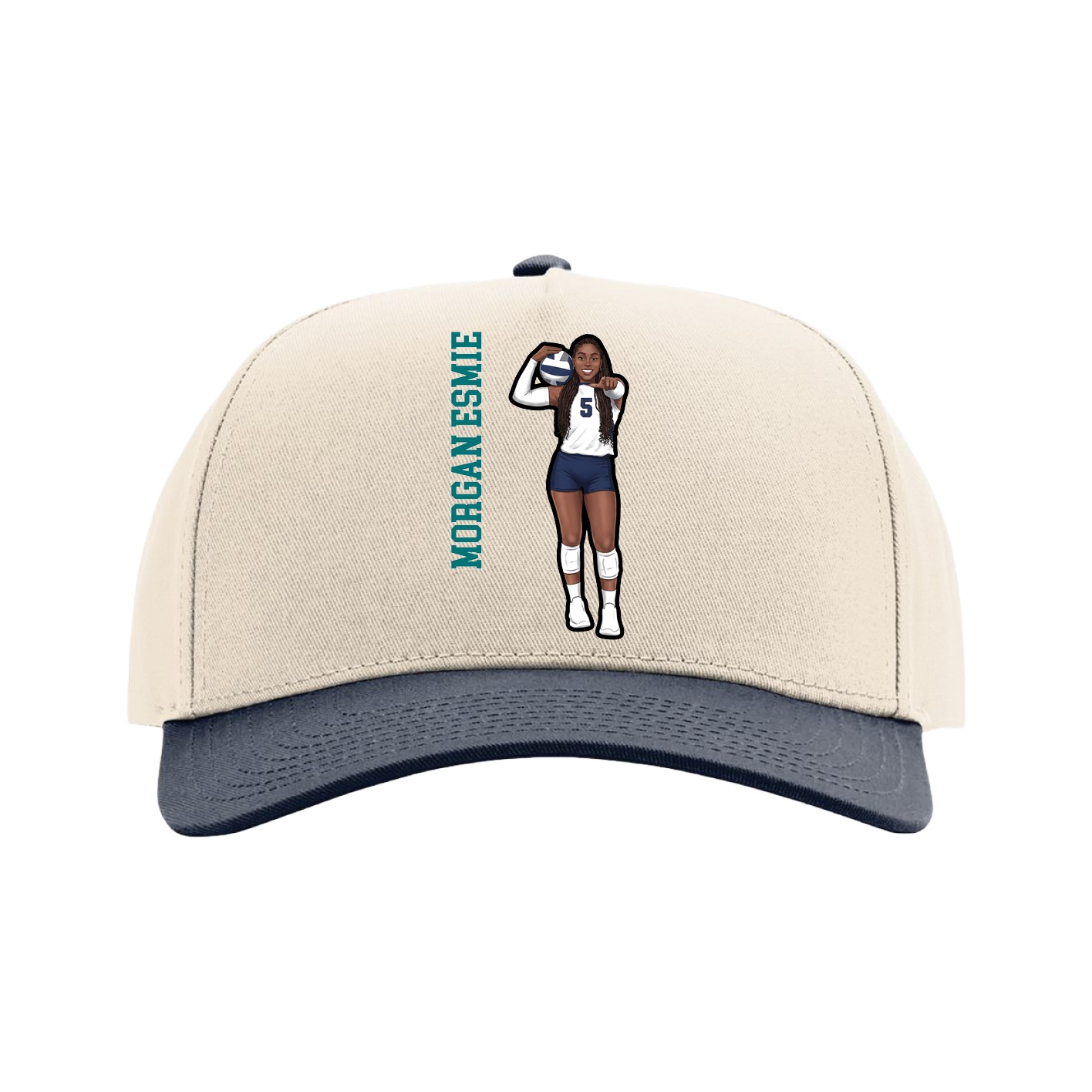Full Fabric Five-Panel Champ Cap — Name Vertical in Cream/Navy