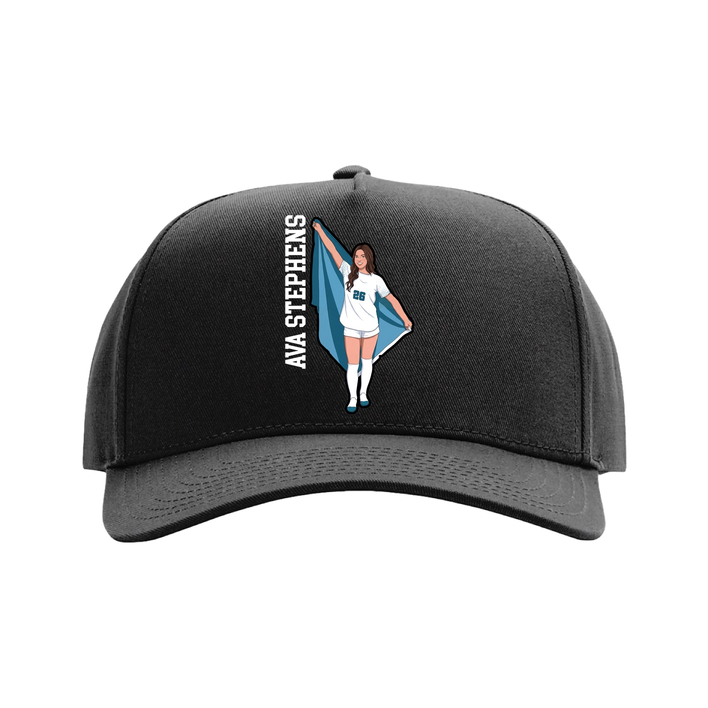 Full Fabric Five-Panel Champ Cap — Name Vertical in Black