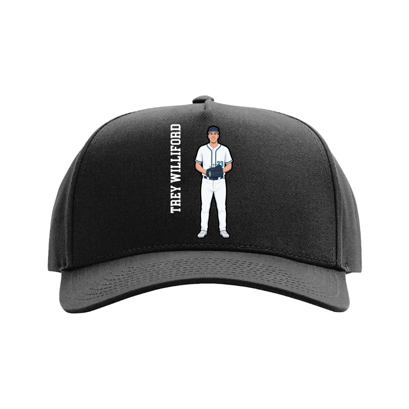 Full Fabric Five-Panel Champ Cap — Name Vertical in Black