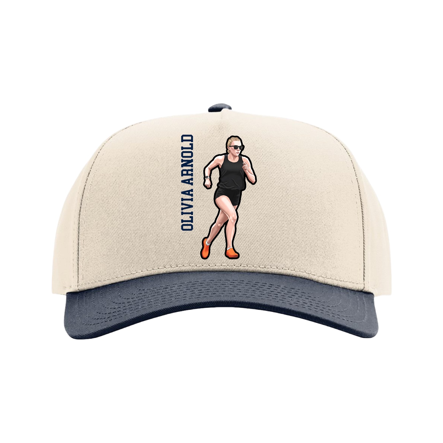 Full Fabric Five-Panel Champ Cap — Name Vertical in Cream/Navy