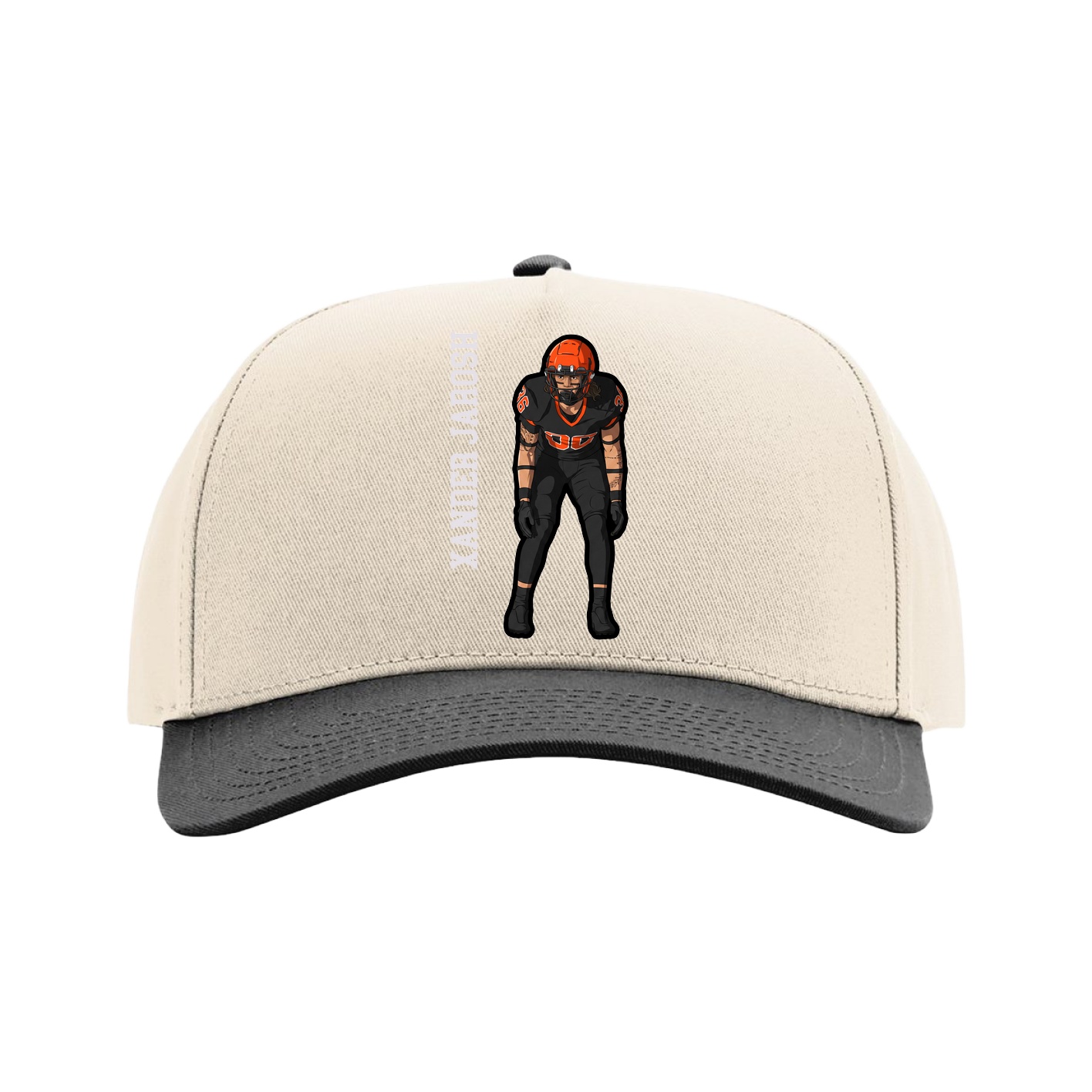 Full Fabric Five-Panel Champ Cap — Name Vertical in Cream/Black