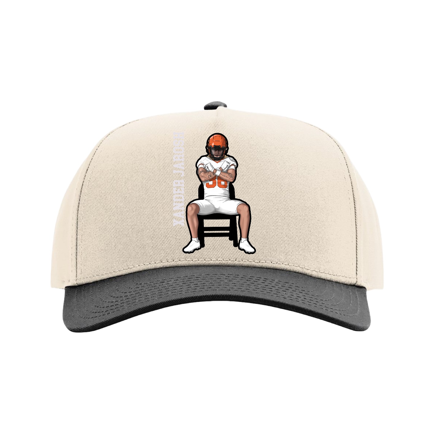 Full Fabric Five-Panel Champ Cap — Name Vertical in Cream/Black