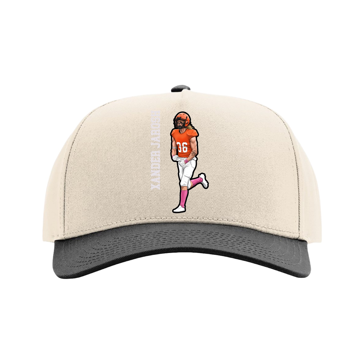 Full Fabric Five-Panel Champ Cap — Name Vertical in Cream/Black