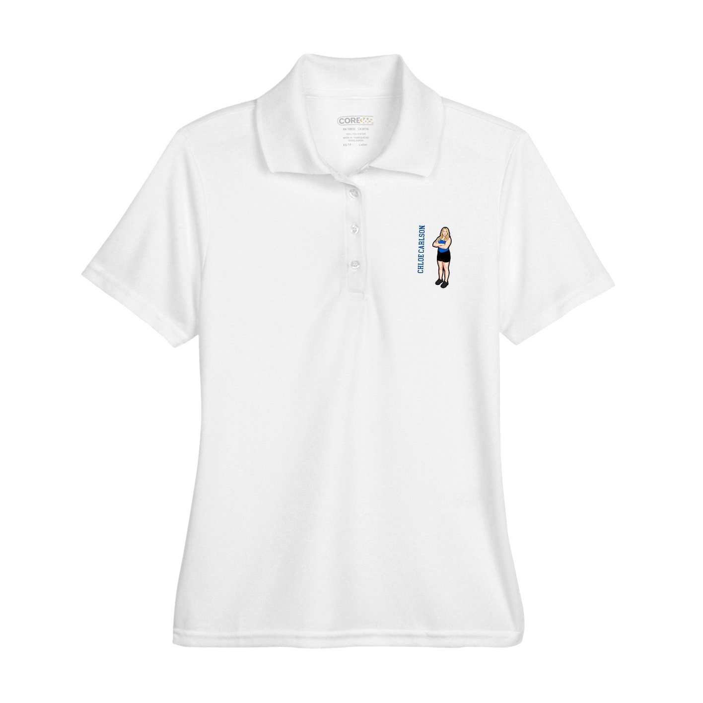 Womens Performance Polo — Name Vertical in White