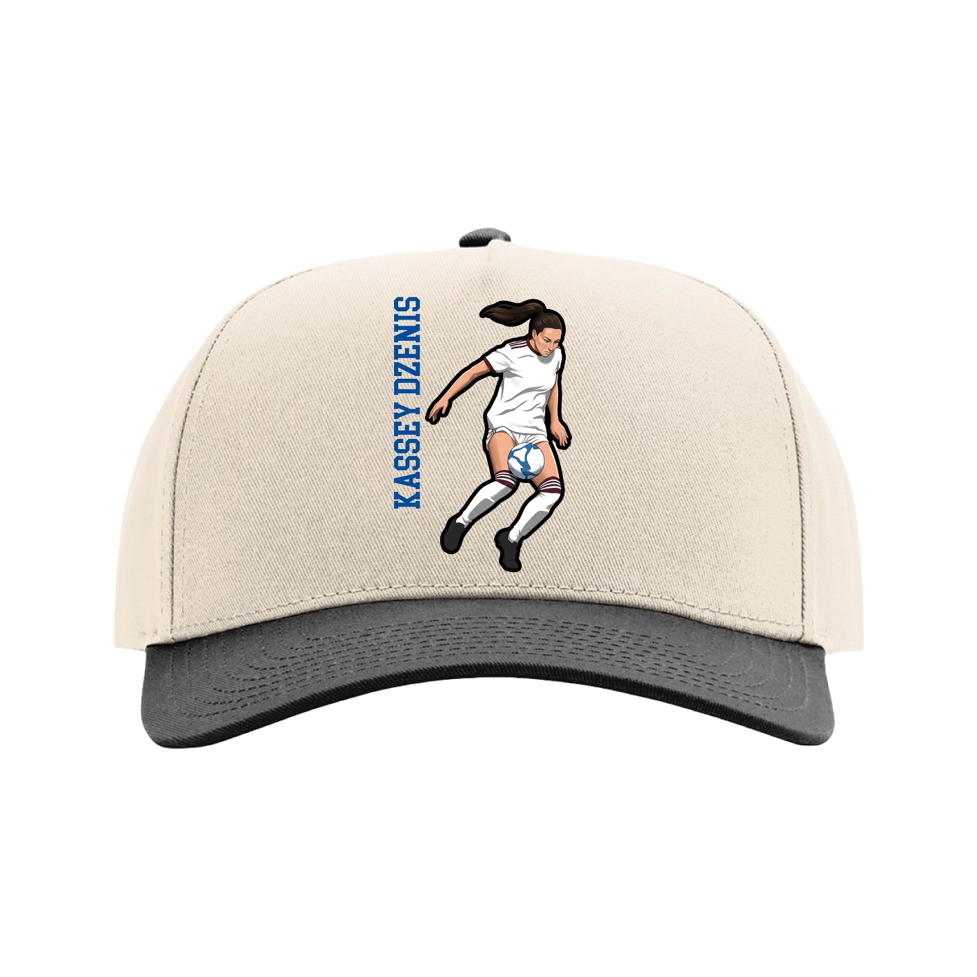 Full Fabric Five-Panel Champ Cap — Name Vertical in Cream/Black
