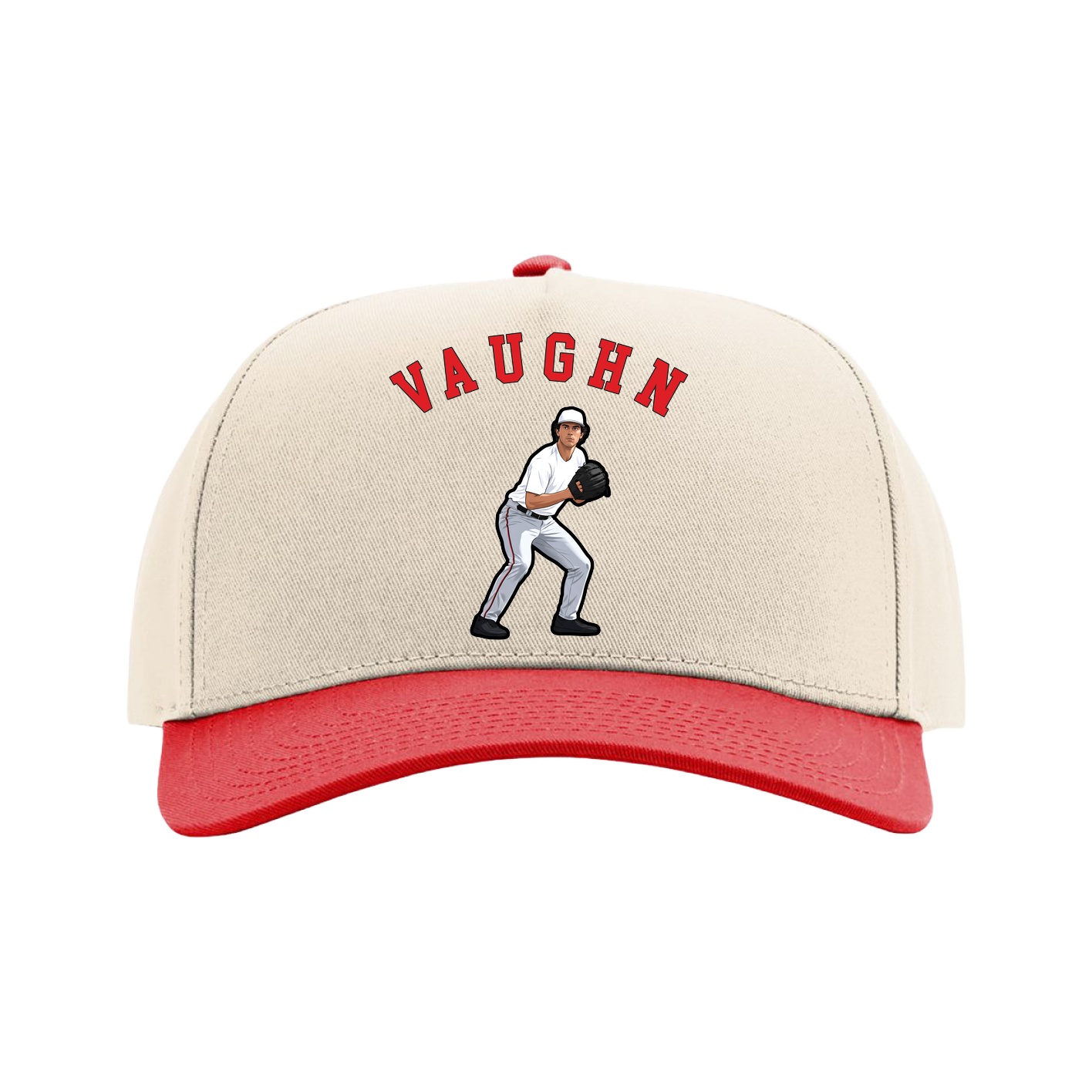 Full Fabric Five-Panel Champ Cap — Shirsey Arch in Cream/Red