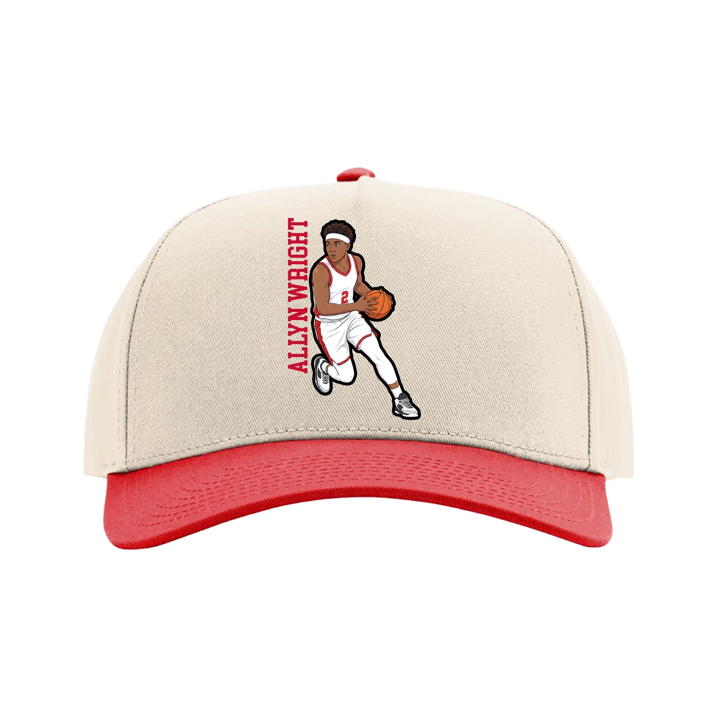 Full Fabric Five-Panel Champ Cap — Name Vertical in Cream/Red