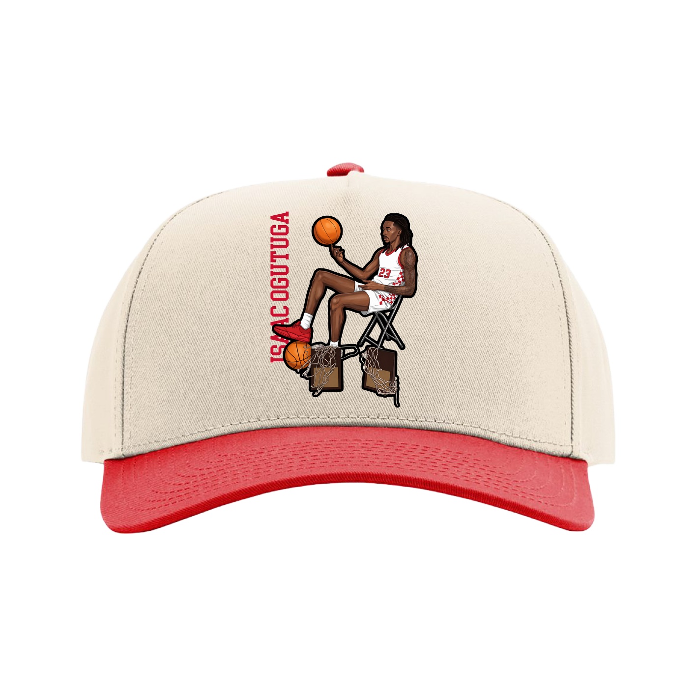 Full Fabric Five-Panel Champ Cap — Name Vertical in Cream/Red