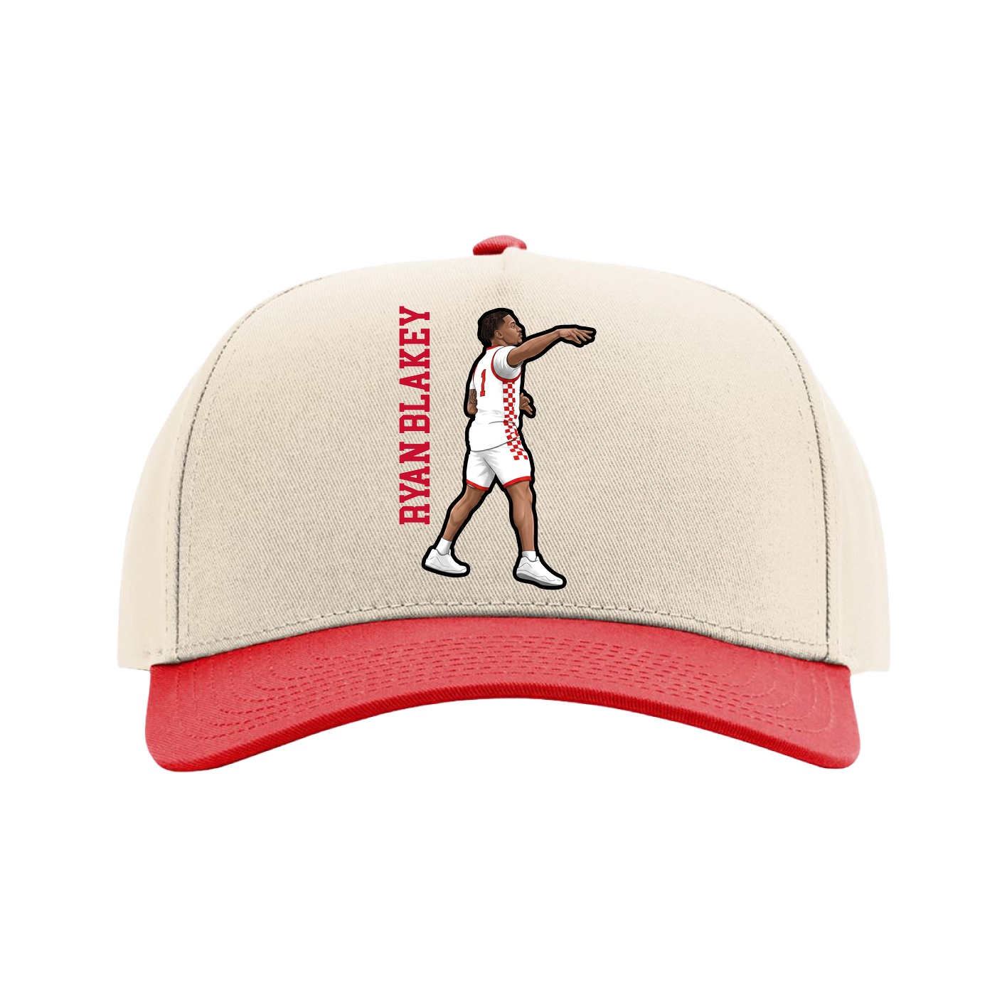 Full Fabric Five-Panel Champ Cap — Name Vertical in Cream/Red