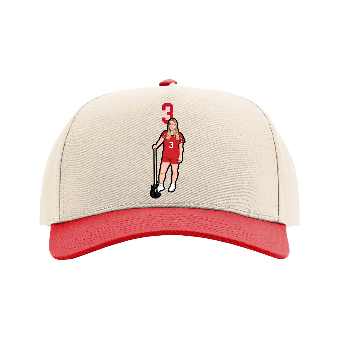 Full Fabric Five-Panel Champ Cap — Number Top in Cream/Red