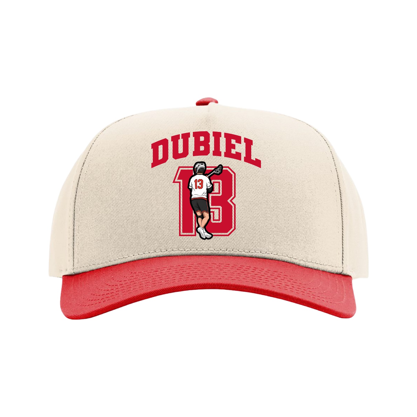 Full Fabric Five-Panel Champ Cap — Number in Cream/Red