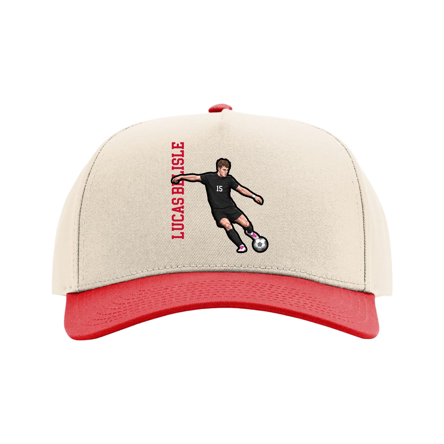Full Fabric Five-Panel Champ Cap — Name Vertical in Cream/Red