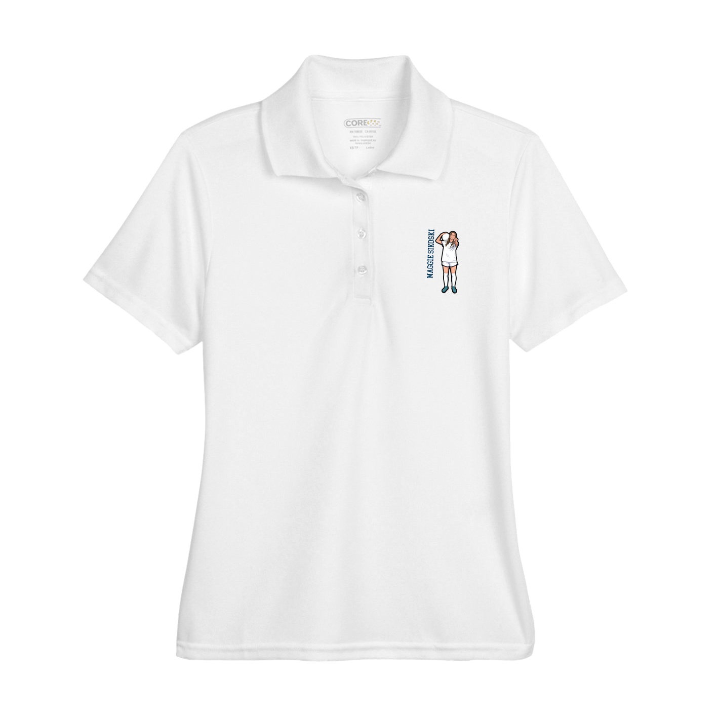 Womens Performance Polo — Name Vertical in White