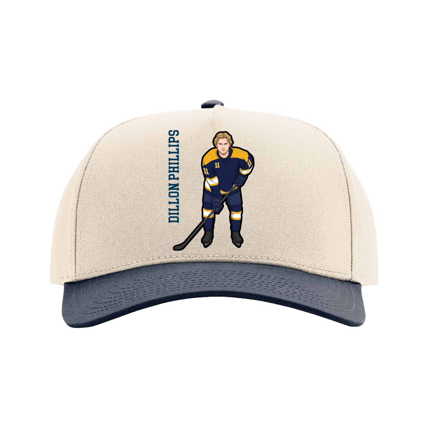 Full Fabric Five-Panel Champ Cap — Name Vertical in Cream/Navy